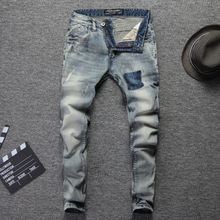 Calças jeans masculinas de algodão, calças compridas rasgadas com retalhos, de estilo vintage italiano 2024 - compre barato