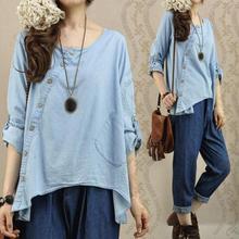 2017 Summer O-neck Irregular Sky Blue Shirt Long Sleeve Blouse Personalized Style Buttons Wash Blusas Plus Size Vintage Tops 2024 - buy cheap