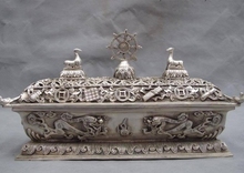 Buddhism white Copper silver Eight treasures 2 Dragon Box censer incense burner 2024 - buy cheap