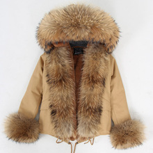 Maomaokong cáqui jaqueta de inverno feminina parka curta pele real casaco com capuz pele de guaxinim natural forro de pele artificial de luxo 2024 - compre barato