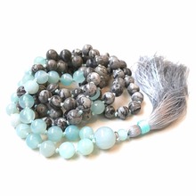 108 MAlA Beads Hand Knotted Necklace Natural Amazonite Mala Bead Jewelry Long Meditation Tassel Necklace Prayer Yoga Jewelry 2024 - buy cheap