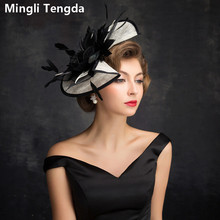 Sombrero de novia con plumas negras de Mingli Tengda, gorro de boda de lino, Tiara de novia salvaje, gorro de marfil elegante, sombrero de novia 2024 - compra barato