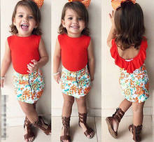 Детская красная гофрированная футболка для маленьких девочек + юбка-карандаш с цветочным принтом комплект одежды из 2 предметов, От 6 до 7 лет 2024 - купить недорого