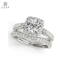 Lesf sólido 925 prata esterlina conjunto anel de noivado halo clássico 1 ct corte redondo sona simulado diamante casamento jóias para mulher 2024 - compre barato