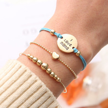 Conjunto de pulseira de corda azul de coração clássica i love mamãe 3 com contas douradas, joias femininas para presente de mãe 2024 - compre barato