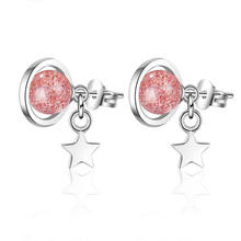 New Fashion Simple 925 Silver Pink Strawberry Crystal Bead Round Cute Star Stud Earring For Girls Women Sweet Party Gift Jewelry 2024 - compre barato