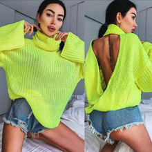 Bkld suéter feminino de malha com gola alta, nova moda 2019, camisola sexy de manga longa sem costas, cor amarelo neon, cinza, pulôver para mulheres 2024 - compre barato