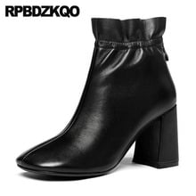 Black Square Toe High Heel Quality Big Size Chunky Ankle Brand Women Winter Boots Genuine Leather Shoes Autumn Booties Fur Short 2024 - buy cheap