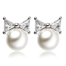 100% 925 sterling silver fashion bowknot shiny crystal pearl ladies'stud earrings women wholesale jewelry wedding gift 2024 - buy cheap
