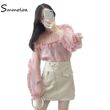 Smmoloa Autumn Women Lace Blouses Shirts Sexy Mesh Shirts See-through Long Sleeve Dot Shirt Blouse 2024 - buy cheap