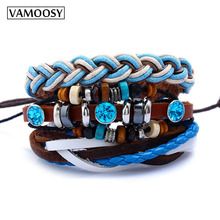 2018 Fashion Weave Punk Vintage Cuff Beads blue crystal Charm Female Blue Leather Bracelets for women Men Jewelry Accessories 2024 - buy cheap