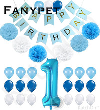Kit de decoração para meninos e meninas, 1 ° aniversário, chá de bebê, lindo, primeiro aniversário, suprimentos, número one pom, pompom, balão azul 2024 - compre barato