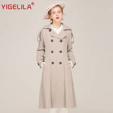 YIGELILA 9543 Latest 2019 Autumn Women Vintage Turn Down Collar Double Breasted Solid Trench Coat 2024 - buy cheap