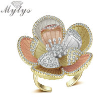 Mytys anel aberto de punho ajustável, flor grande, joias nobre de três ouro, alta qualidade, anéis de moda r2037 2024 - compre barato