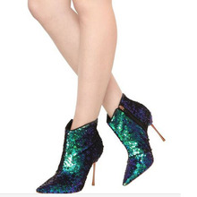 Hot Peacock Green Sequined Party Booties Shoes Women Pointed Toe Stiletto High Heel Mujer Bling Bling Multicolored Ankle Boots 2024 - buy cheap