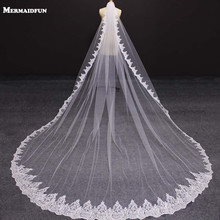Véu de noiva com uma camada, 4 metros, véu de casamento longo com borda de renda, brilhante, alta qualidade, branco marfim 2024 - compre barato