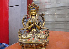 USPS to USA S2815 9" Tibet Bronze Gild Four-armed Avalokitesvara Kwan-Yin Guan Yin Buddha Statue 2024 - buy cheap