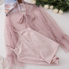 Two Piece Women Mesh Blouse Solid Sweet Tie Bow Lace Shirts Female Long Sleeve Sequins Blouses Bottoming Shirt +Tank Tops AB1248 2024 - buy cheap