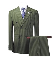 Мужские костюмы из 2 предметов, в полоску, приталенные, деловые, серо-зеленые, твидовые, шерстяные, коричневые смокинги для жениха, для вечеринки, свадьбы (Блейзер + брюки) 2024 - купить недорого