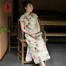 Lzjn vestido retrô chinês de verão feminino, vestido qipao chinês longo gola mandarin, vestido chinês com estampa de flores tradicional cheongsam 2019 2024 - compre barato