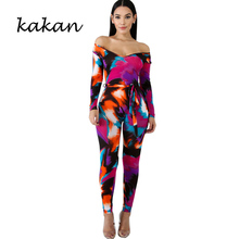 Kakan spring new women's print one-piece tights nightclub sexy tights jumpsuit nine pants color jumpsuit with belt 2024 - buy cheap