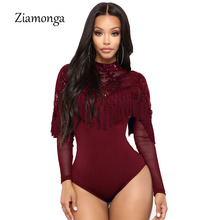 Ziamonga Women Sexy Turtleneck Mesh Jumpsuit Winter Sequin Long Sleeve Bodysuit 2021 New Tassel Sequined Jumpsuit Body Feminino 2024 - buy cheap