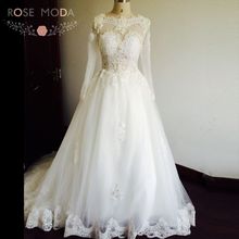 See Through Back Sexy Illusion Top Pearls Lace Ball Gown Wedding Dress with Long Sleeves Real Photos 2024 - buy cheap