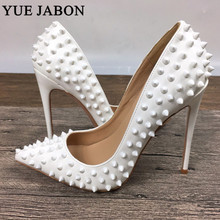 Pointed Toe White PU high heels patent exclusive brand needle rivet shallow mouth pumps wave 8cm 10cm 12cm heels plus size 43 2024 - buy cheap