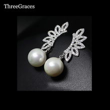 ThreeGraces Sparkling Fairy Style White Gold Color Cubic Zirconia Crystal Drop Big White Pearl Earrings For Women Jewelry ER077 2024 - buy cheap