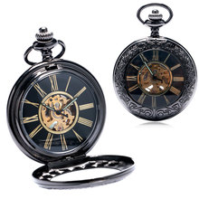 New Vintage Skeleton Mechanical Hand Wind Pocket Watch Steampunk Men Women Black Fob Watch Gift 2024 - buy cheap