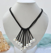 Elegant Handmade Real Pearl Jewelry 3Row 20'' 10-14mm White Baroque Pearl Black Leather Tassels Necklace 2024 - buy cheap