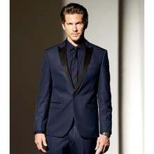 Navy Blue With Black Lapel One Button Groom Men Suit Tuxedos Groomsmen Mens Wedding Prom Suits Bridegroom (Jacket+Pants+Tie) 2024 - buy cheap