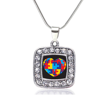 Double Nose Drop Ship Fashion Raise Awareness Heart Puzzle Piece Autism Square Pendants Crystal Necklace Jewelry For Gifts 2024 - buy cheap