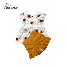 Conjuntos de roupas de verão para bebês, 1-6 anos, roupas de girassol para meninas, camiseta com gola peter pan, short, calças, 2 peças, 2019 2024 - compre barato