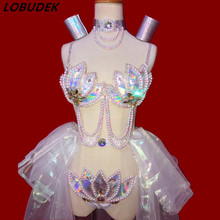 Conjunto de minifalda y tirantes con perlas y diamantes de imitación para mujer, sostén Sexy de biquini para discoteca, Bar, DJ, disfraz de cantante femenina, equipos de Catwalk, danza y estado 2024 - compra barato