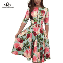 Bella Philosophy 2019 Spring Floral Print A-Line Half Sleeve Women Dress Knee-Length O-Neck Sashes Casual Lady Dress 2024 - buy cheap