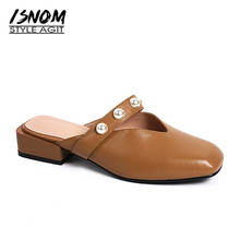 ISNOM New Thick Heels Women Slippers Genuine Leather Pearl Slides Square Toe Footwear 2018 Summer Fashion Female Mules Shoes 2024 - buy cheap