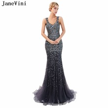 JaneVini-Vestidos largos de tul con cuentas de lujo para dama de honor, vestidos largos de cola de barrido con cuello de pico, ilusión en la espalda, vestidos de fiesta de graduación para mujer 2024 - compra barato