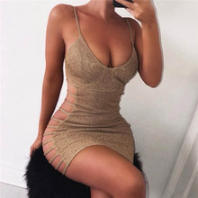 2019 Women's Bodycon Slip Dress Sleeveless Sequins Mini Dress Clubwear V-Neck Strap Sheath Dress Women Side Hollow Out Dress 2024 - buy cheap