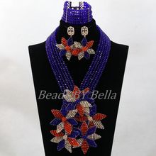 Handmade Big Flowers Pendant Necklace Royal Blue Nigerian Crystal Beads African Women Costume Jewelry Set Free Shipping ABL064 2024 - buy cheap