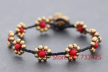 Daisy Coral Brass Bracelet with waxed cord weaved,thai style brass bracelet for women,5pcs/lots free shipping 2024 - buy cheap