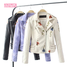 Embroidered Rivet Leather Female 2018 Spring New Short Slim Self-cultivation Motorcycle Jacket Wild Thin Embroidery Women's Coat 2024 - buy cheap