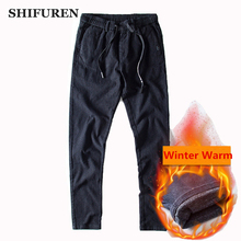 SHIFUREN-Pantalones gruesos de algodón para hombre, pantalón masculino, de invierno, con cintura elástica, longitud completa, forro polar de doble capa, con cremallera, talla 28-38 2024 - compra barato