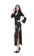 Las mujeres adultas Sexy Halloween monja, la hermana de religión cristiana negro erótico vestido con separación lateral Jesús Cristo ropa para damas 2024 - compra barato