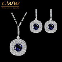 CWWZircons Shiny Tiny Cubic Zirconia Earrings and Pendant Neckalce Fashion 1.25ct Royal Blue CZ Jewelry Sets for Women T024 2024 - buy cheap