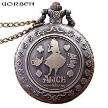 Retro Anime Alice In Wonderland Pocket Watch Necklace For Women Men Vintage Bronze Flip Quartz Fob Antique Clock Chain Pendant 2024 - buy cheap