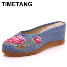 TIMETANG Women Slippers Wedges Med Heels Woman Linen Embroidered Slides Slippers Summer Ladies Casual Comfort Cotton ShoesE205 2024 - buy cheap