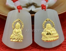 Natural White HeTian Jade + 18K Solid Gold Chinese Buddha GuanYin Blessing Lucky Pendant + Free Necklace Jewelry +Certificate 2024 - buy cheap