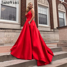 JaneVini 2019 Elegant Red Prom Dresses with Pockets Beaded V Neck Sweep Train Satin A Line Evening Dress Long Party Gowns Custom 2024 - buy cheap
