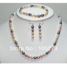 Wholesale Pearl Jewellery Set Multi-Color Natural Freshwater Pearl Necklace Bracelet Earrings 6-7mm Rice Shaper Free Shipping 2024 - buy cheap